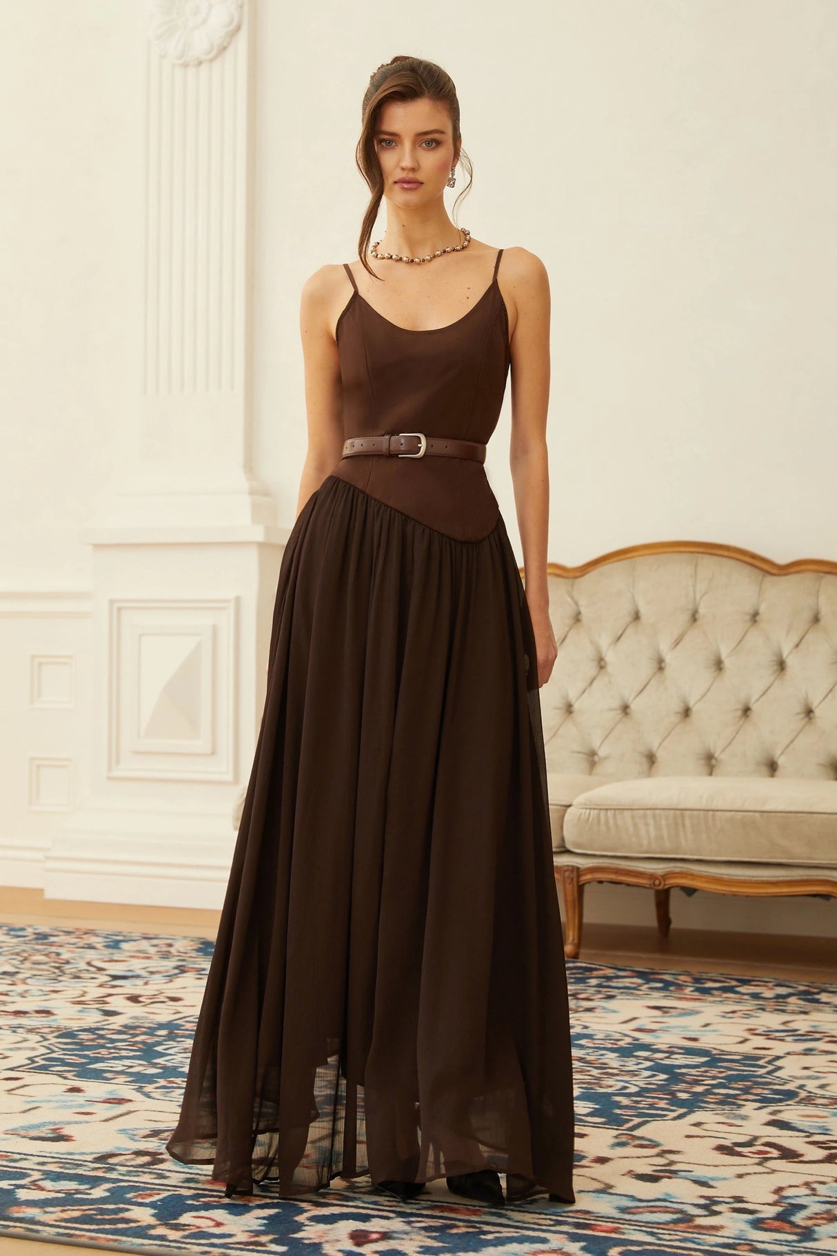 Hedda Brown Chiffon Panel Suede Maxi Dress