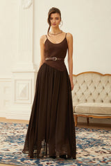 Hedda Brown Chiffon Panel Suede Maxi Dress