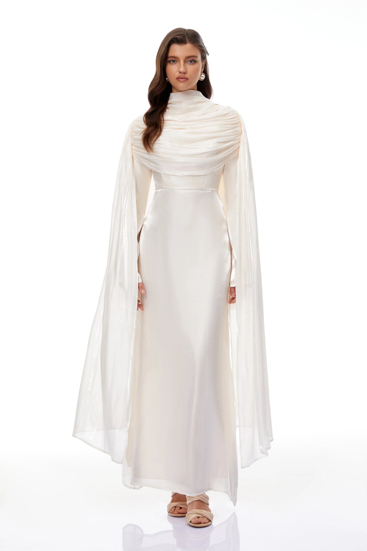 Hege Cream Glossy Ruched Cape Maxi Dress