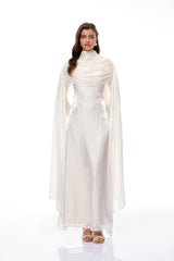Hege Cream Glossy Ruched Cape Maxi Dress