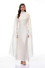 Hege Cream Glossy Ruched Cape Maxi Dress