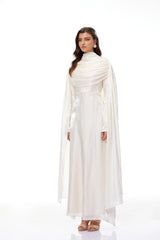 Hege Cream Glossy Ruched Cape Maxi Dress