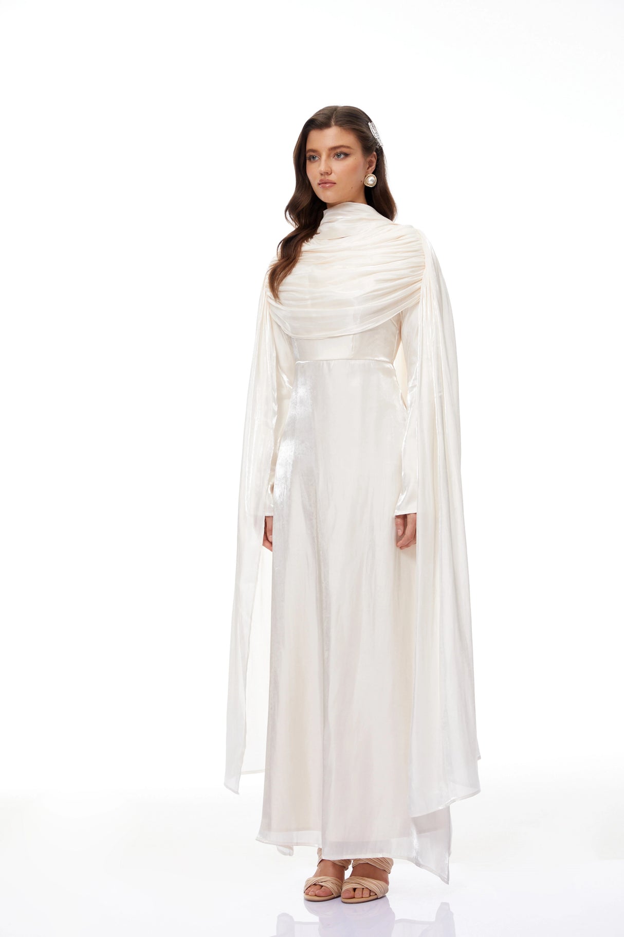 Hege Cream Glossy Ruched Cape Maxi Dress