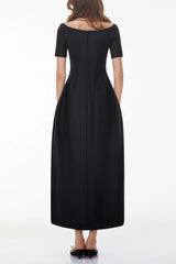 Heidi Black Plunge Neck Asymmetrical Midi Dress