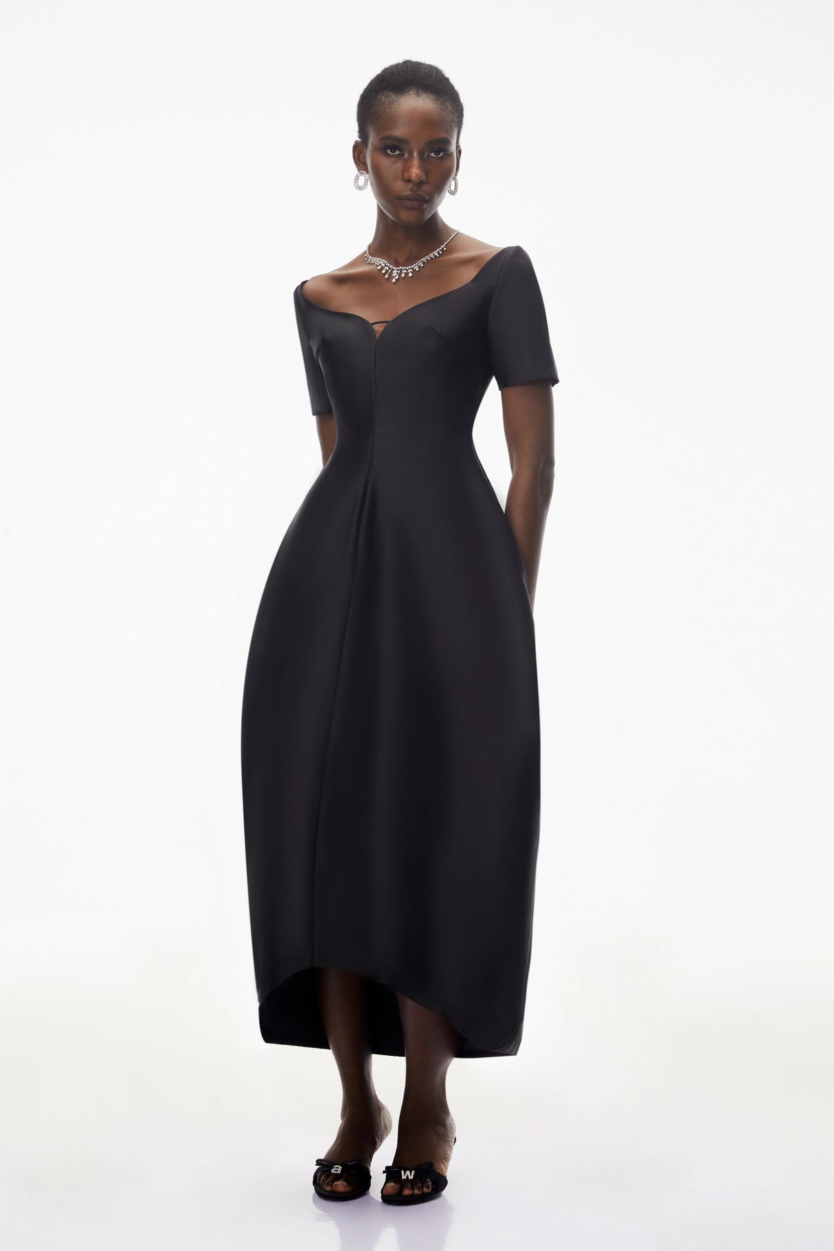 Heidi Black Plunge Neck Asymmetrical Midi Dress