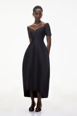 Heidi Black Plunge Neck Asymmetrical Midi Dress