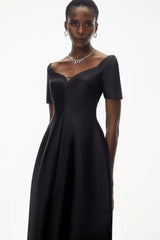 Heidi Black Plunge Neck Asymmetrical Midi Dress