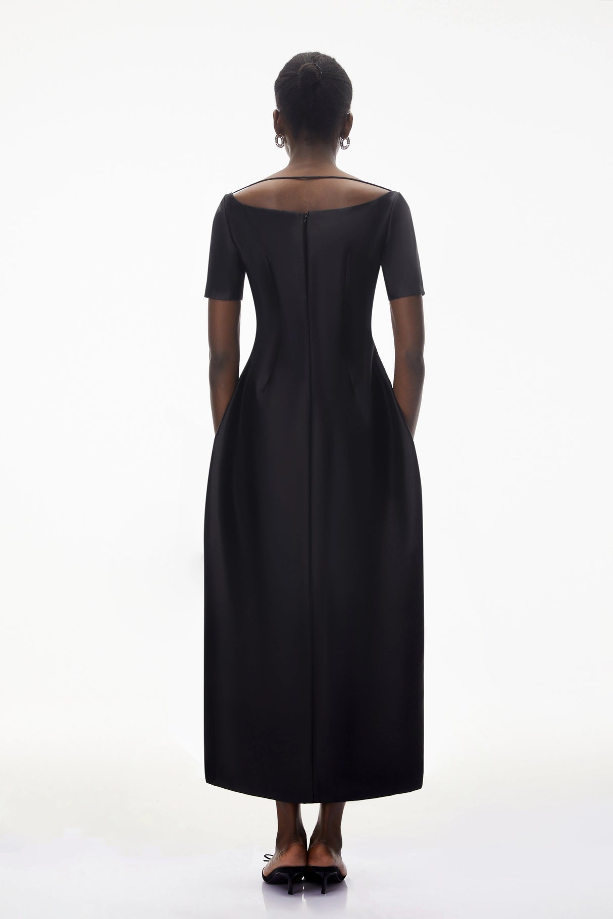 Heidi Black Plunge Neck Asymmetrical Midi Dress