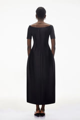Heidi Black Plunge Neck Asymmetrical Midi Dress