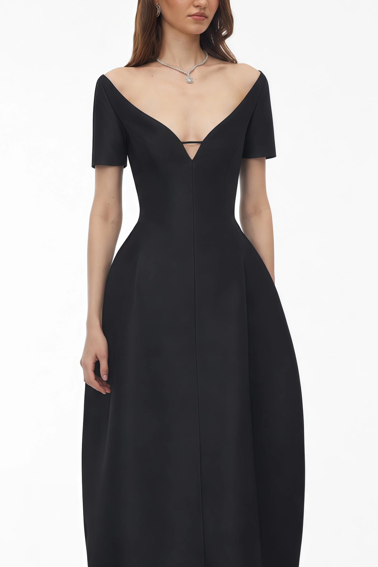 Heidi Black Plunge Neck Asymmetrical Midi Dress