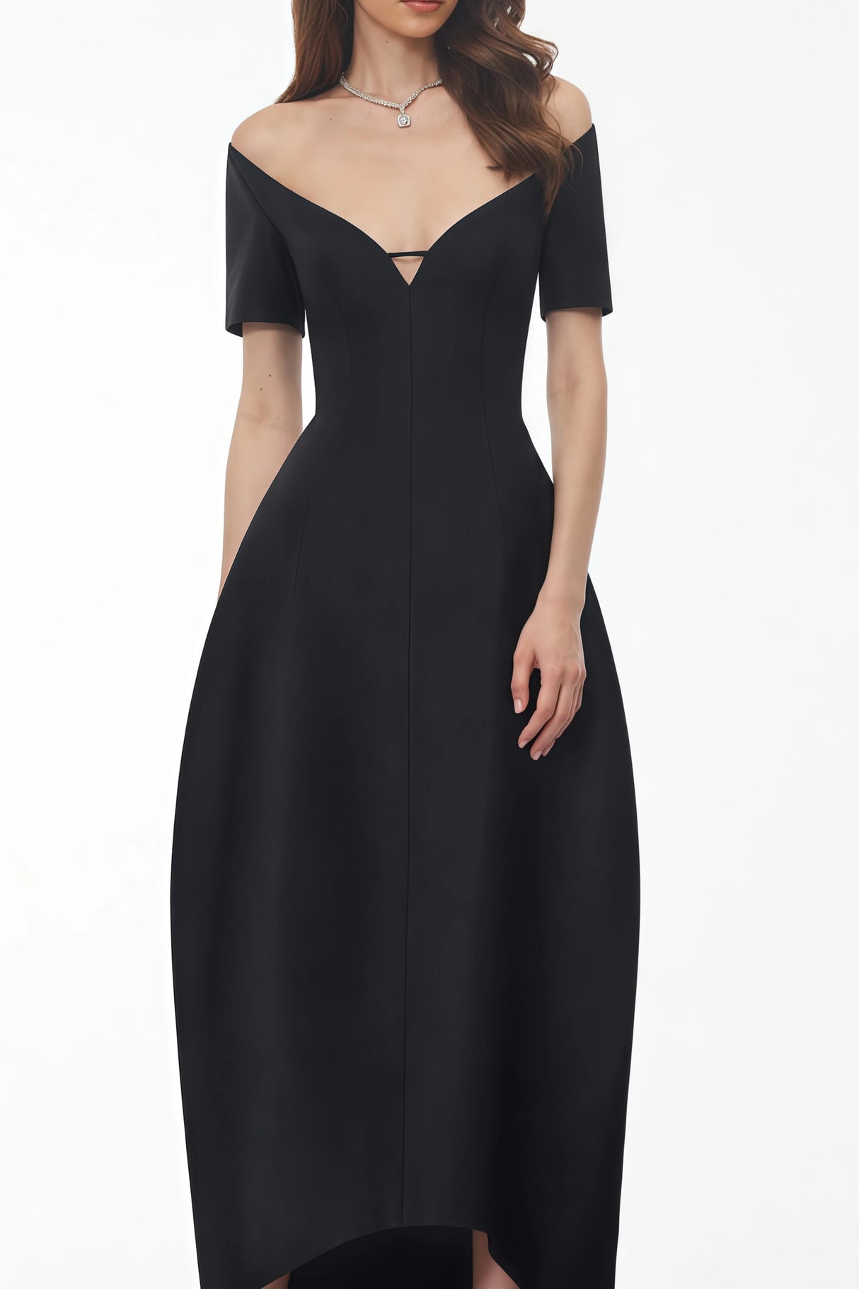 Heidi Black Plunge Neck Asymmetrical Midi Dress
