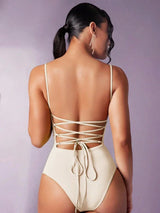 Helena Bodysuit - High Stretch Knitted Fabric - Sleeveless - Natural Waist - Style: Spaghetti Straps - Details: Backless, Knot, Ruched