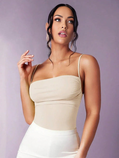 Helena Bodysuit - High Stretch Knitted Fabric - Sleeveless - Natural Waist - Style: Spaghetti Straps - Details: Backless, Knot, Ruched