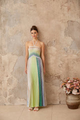 Helena Maxi Dress Green & Multicolor Striped Glitter Halter - neck Tie - Back
