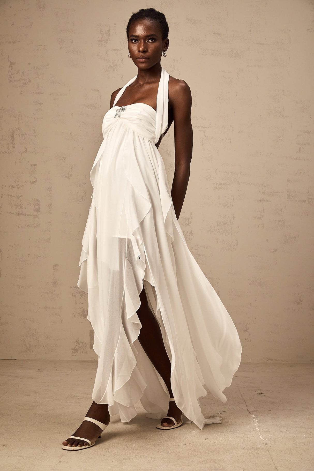 Helena Maxi Dress - Long Lace Design - Halter Neck - Backless Style - Diamond Embellishments