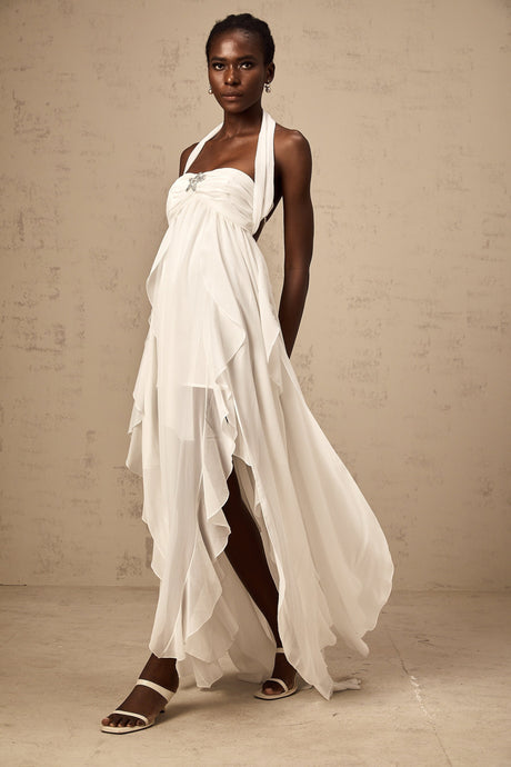 Helena Maxi Dress - Long Lace Design - Halter Neck - Backless Style - Diamond Embellishments