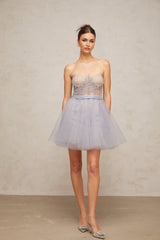Helena Mini Dress - Off the Shoulder Style - Sleeveless Shell Detail Tulle Crystal Pleated Puff Skirt Zip Thigh - Length