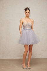 Helena Mini Dress - Off the Shoulder Style - Sleeveless Shell Detail Tulle Crystal Pleated Puff Skirt Zip Thigh - Length