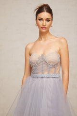 Helena Mini Dress - Off the Shoulder Style - Sleeveless Shell Detail Tulle Crystal Pleated Puff Skirt Zip Thigh - Length