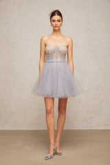 Helena Mini Dress - Off the Shoulder Style - Sleeveless Shell Detail Tulle Crystal Pleated Puff Skirt Zip Thigh - Length
