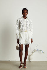 Helena Shirt & Shorts - Lapel Design - Floral Embroidery - Lace Trim Accents - Mini Length Design