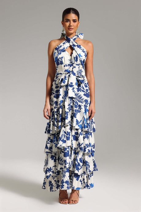 Helena White Floral Maxi Dress Halterneck Layered Silhouette Knot Detail