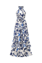 Helena White Halterneck Maxi Dress Floral Print Layered Silhouette Knot Detail