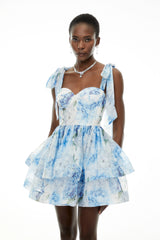 Hélène Blue Floral Print Flounced Mini Dress