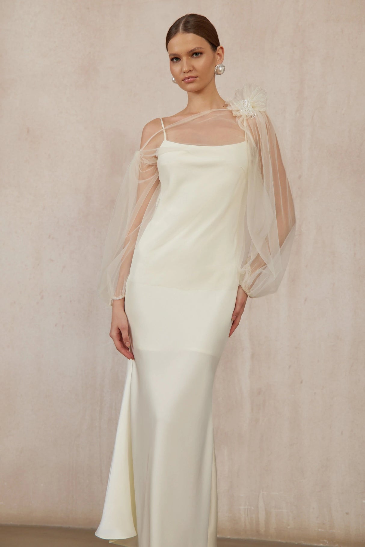 Héloïse White Floral Tulle Blouse  Satin Dress Set