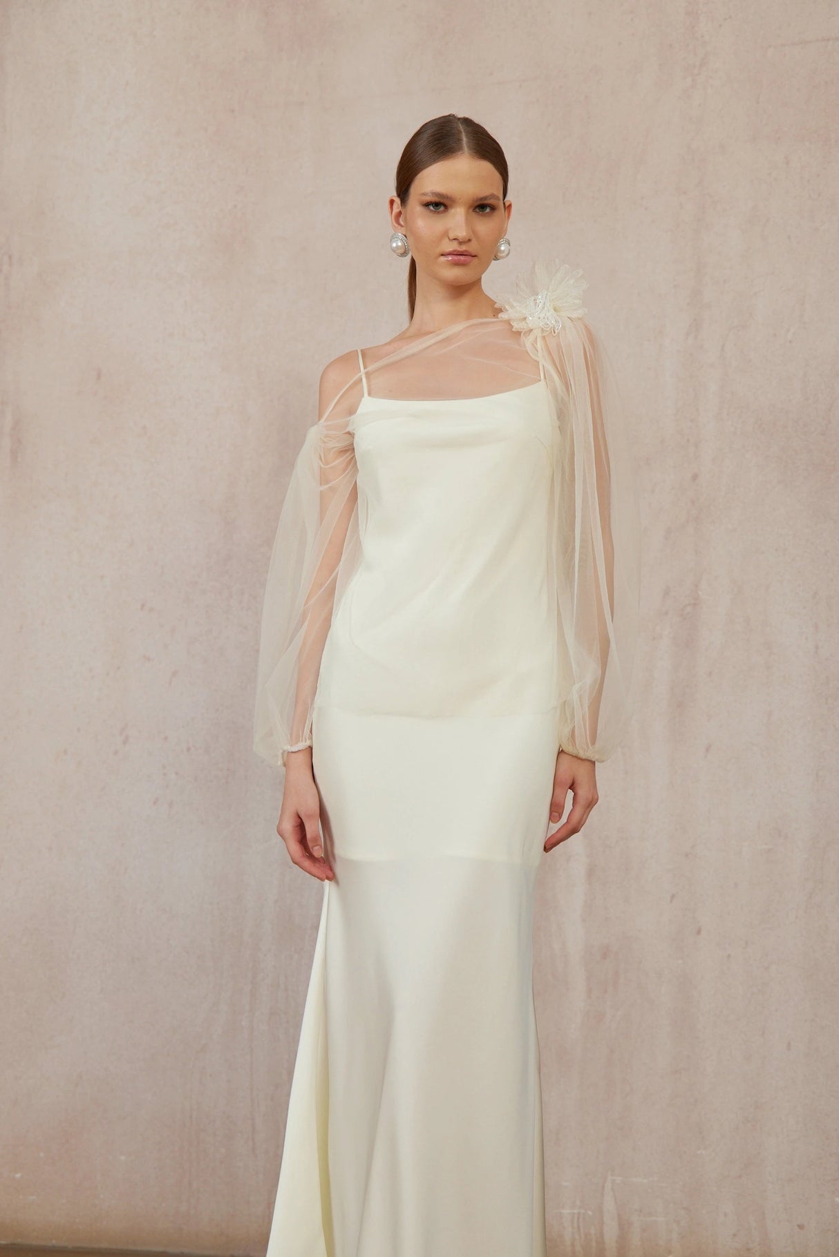 Héloïse White Floral Tulle Blouse  Satin Dress Set