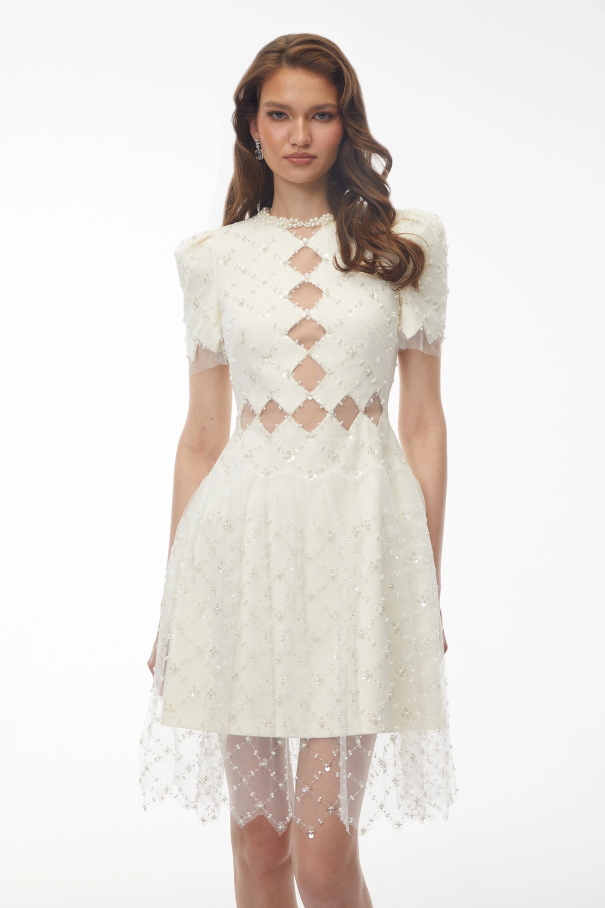 Henrietta Ivory Sequin Mini Dress with Mesh Panels