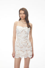 Henrietta White Sleeveless Lace Mini Dress with Bow