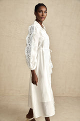 Heres a simple alt text for the product image based on the title

Colette white midi dress with lace details and tied waist
