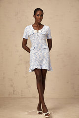 Heres a simple alt text for the product image based on the title

Young woman wearing Eloise blue checked knit mini dress standing casually