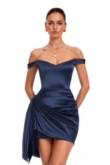 Hermia Navy Blue Off Shoulder Asymmetrical Draped Mini Dress