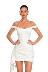 Hermia White Off Shoulder Asymmetrical Draped Mini Dress