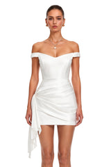 Hermia White Off Shoulder Asymmetrical Draped Mini Dress
