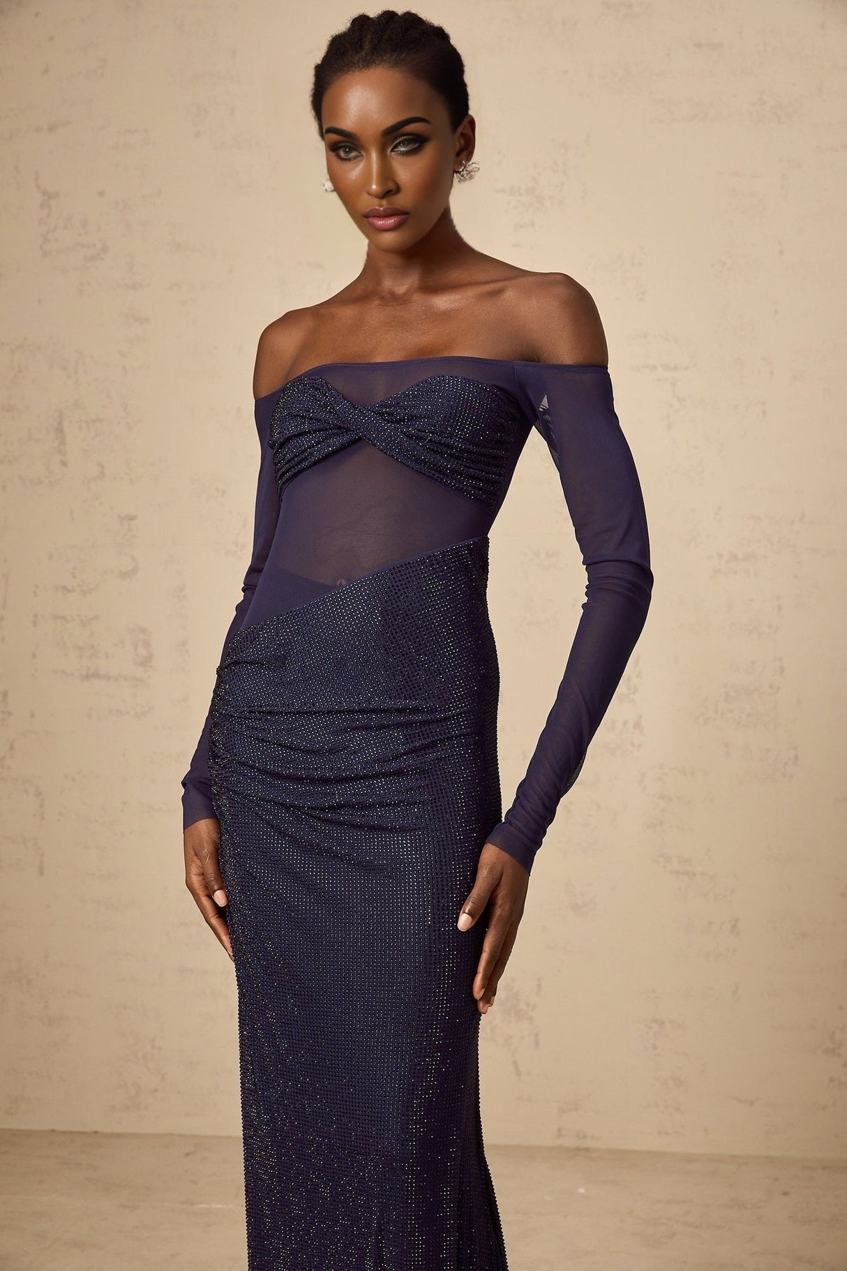 Hermine dark blue corset maxi dress with tulle panel and embellishments