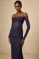 Hermine dark blue corset maxi dress with tulle panel and embellishments