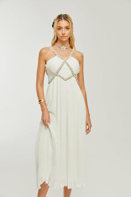 Hermine Vneck fauxpearl embellished midi dress