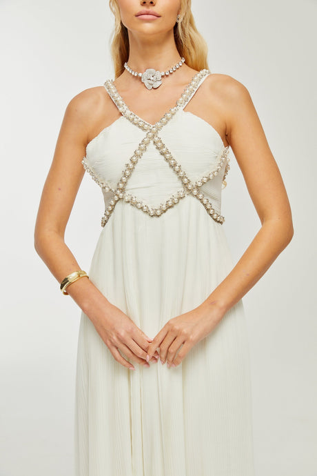 Hermine Vneck fauxpearl embellished midi dress