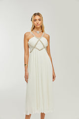 Hermine Vneck fauxpearl embellished midi dress