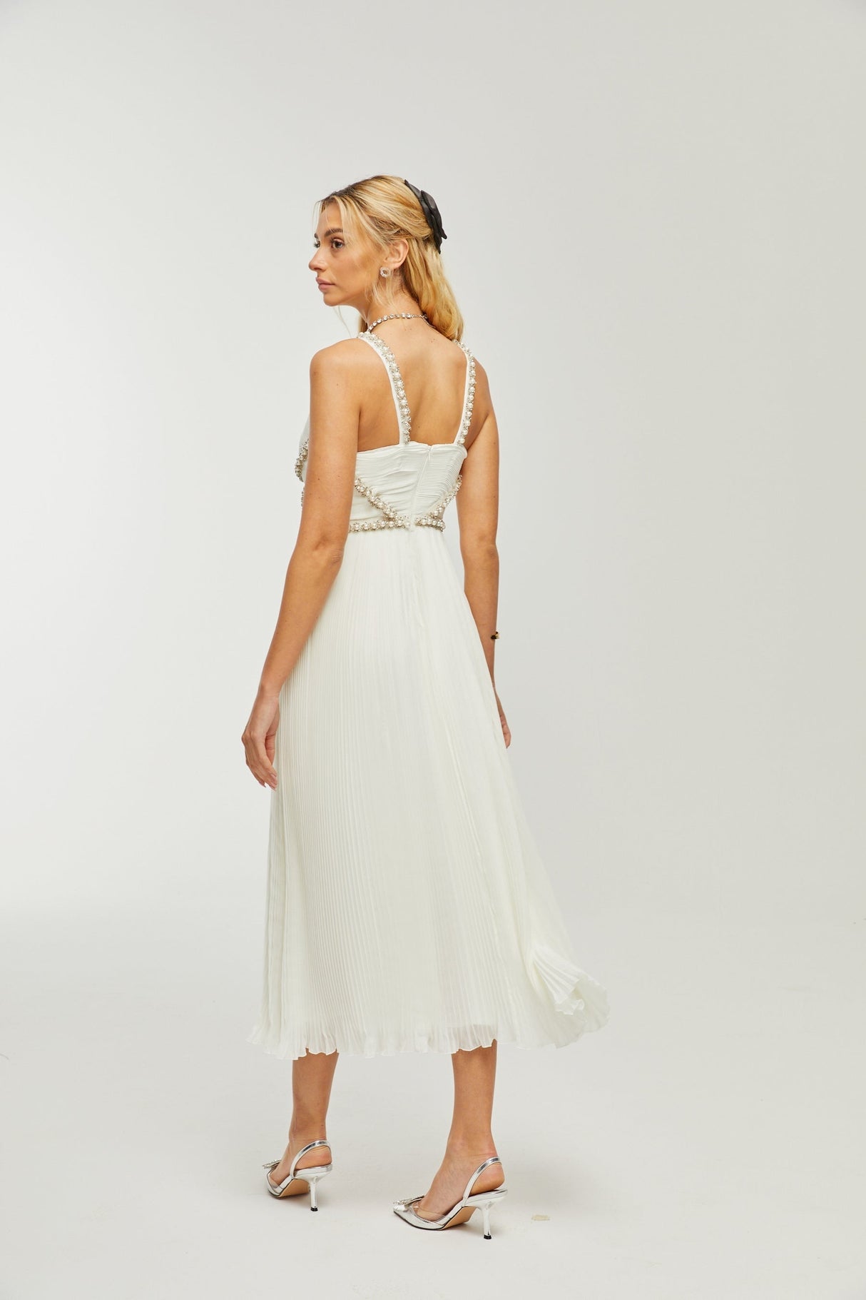 Hermine Vneck fauxpearl embellished midi dress
