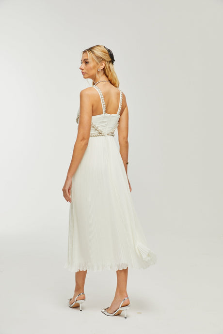 Hermine Vneck fauxpearl embellished midi dress