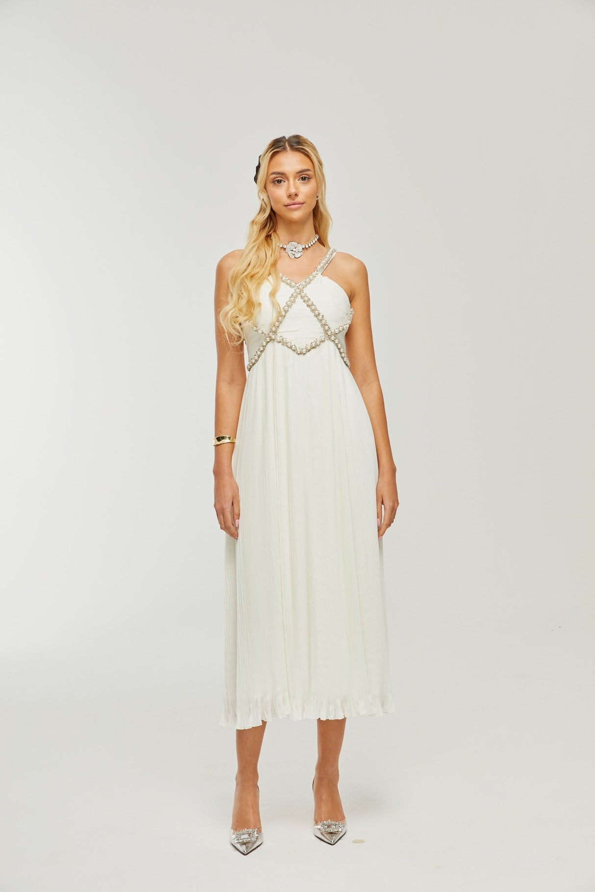 Hermine Vneck fauxpearl embellished midi dress