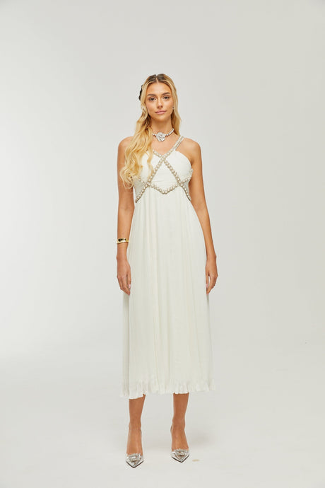 Hermine Vneck fauxpearl embellished midi dress
