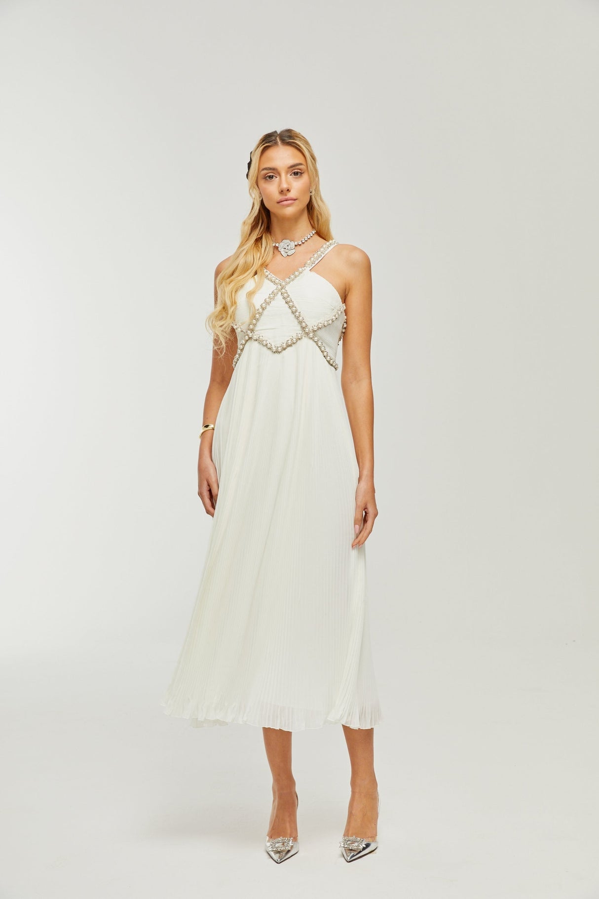 Hermine Vneck fauxpearl embellished midi dress