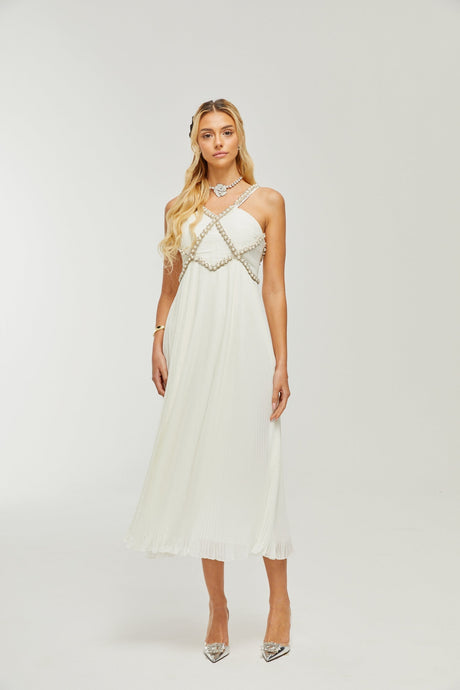 Hermine Vneck fauxpearl embellished midi dress