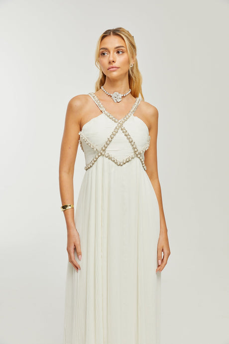 Hermine Vneck fauxpearl embellished midi dress
