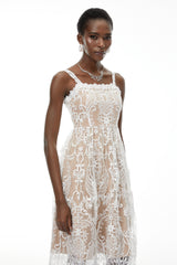 Hermione White Floral Embroidered Lace Midi Dress